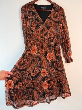 Harper 241 Boho Paisley Print Mini Dress Burnt Orange‎ Black Tiered Ruffle Large